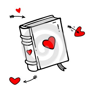Vector hand drawn book with heart. Outline doodle icon.